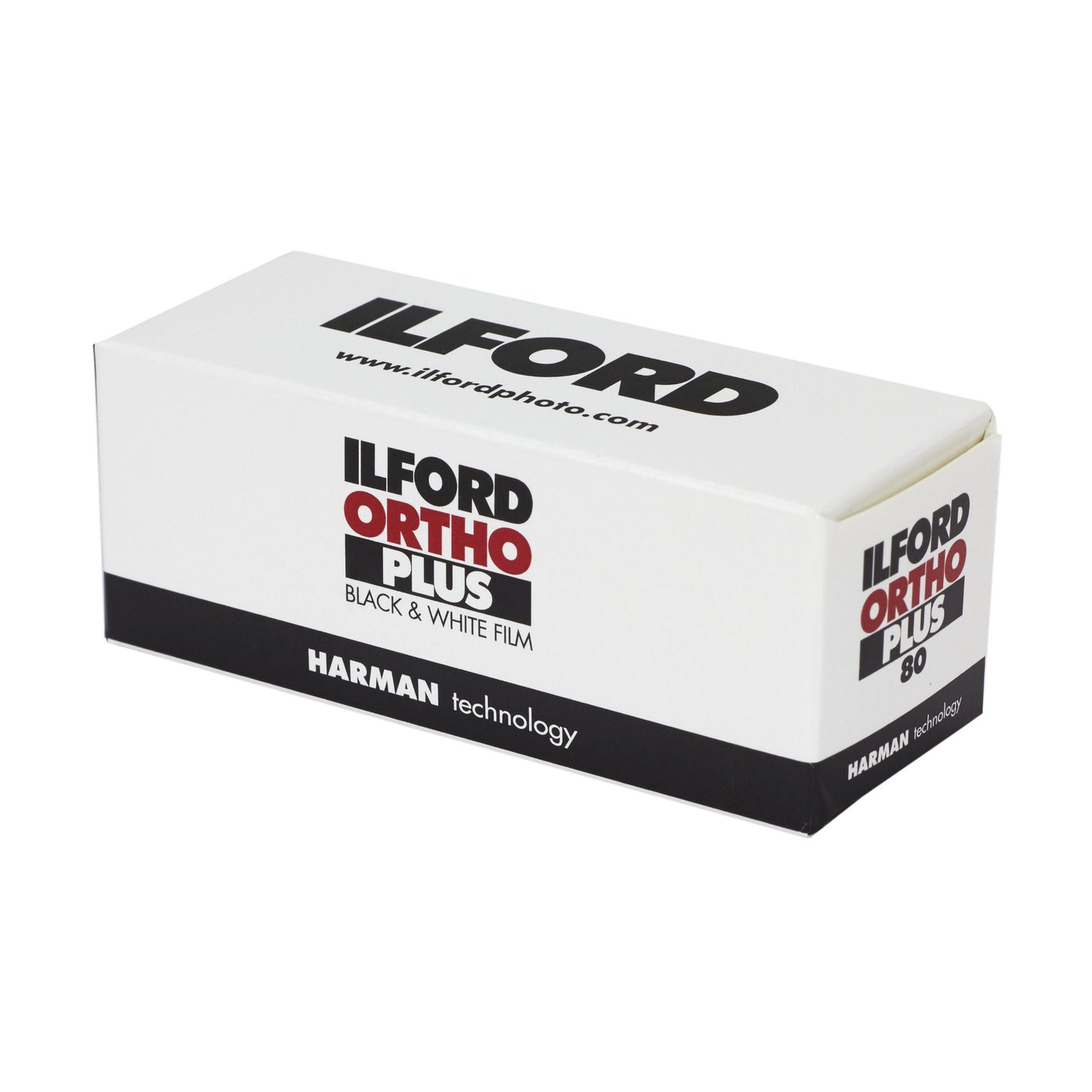 Ilford Ortho Plus black and white film box on a white background