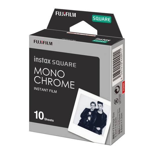 Fujifilm instax Square Mono Chrome instant film packaging on a white background