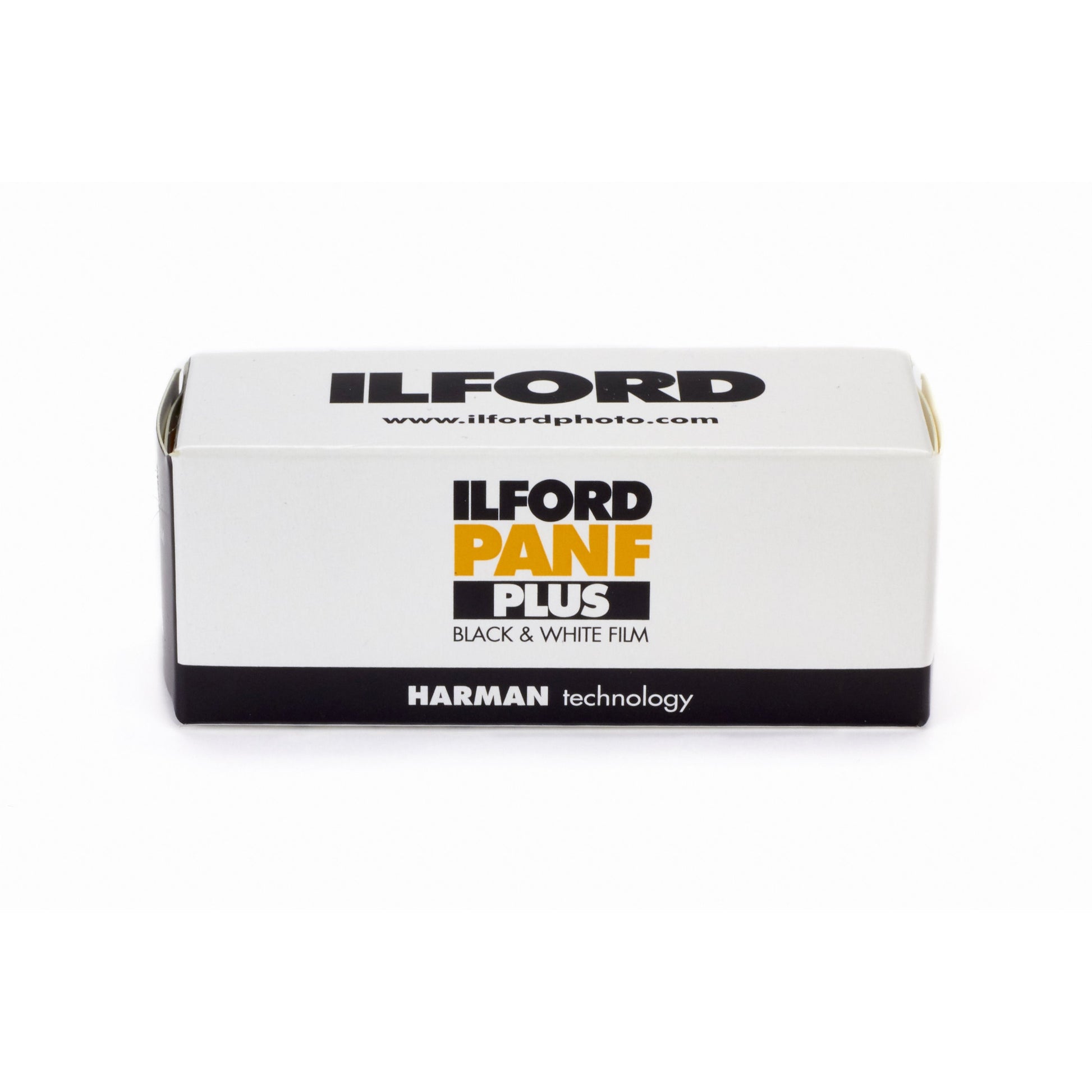 Ilford Pan F Plus black and white film box on a white background