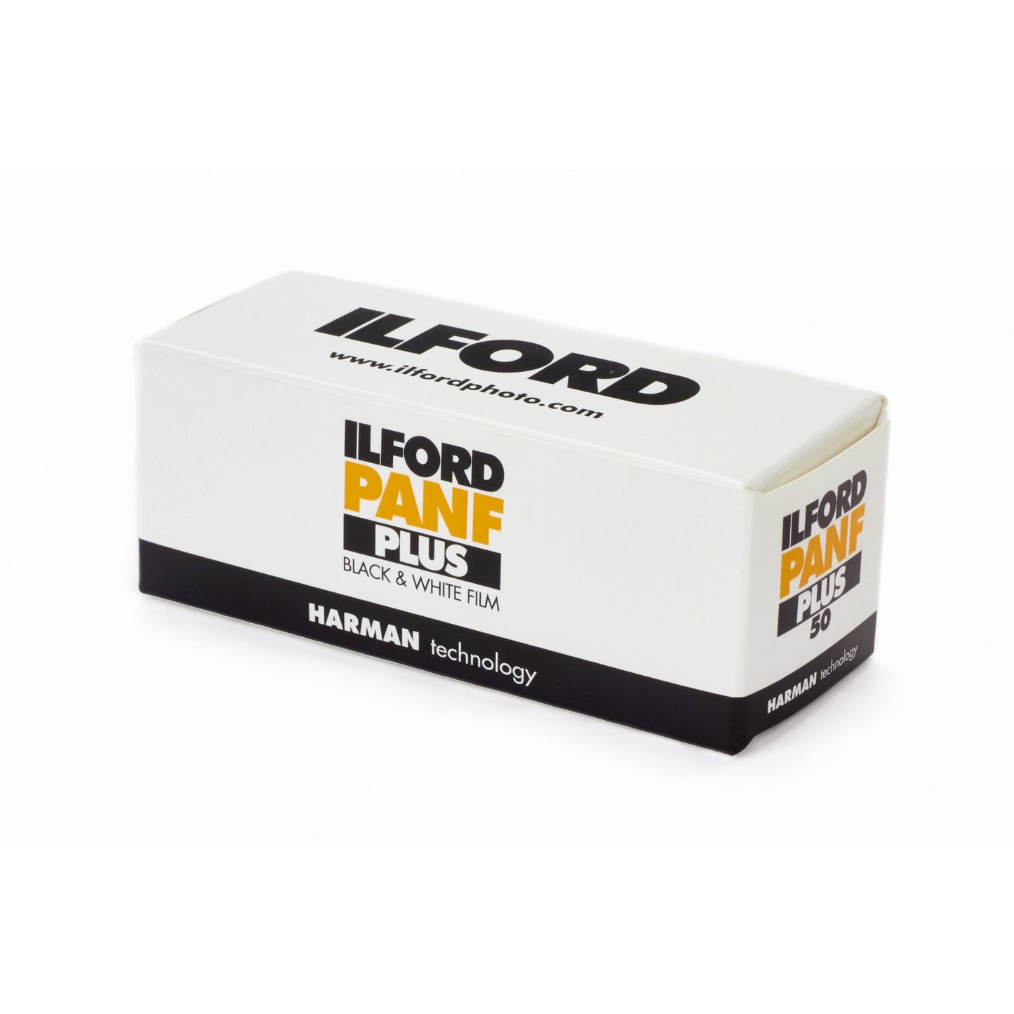 Ilford Pan F Plus black and white film box on a white background