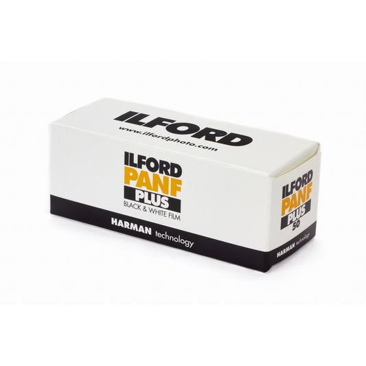 Ilford Pan F Plus black and white film box on a white background