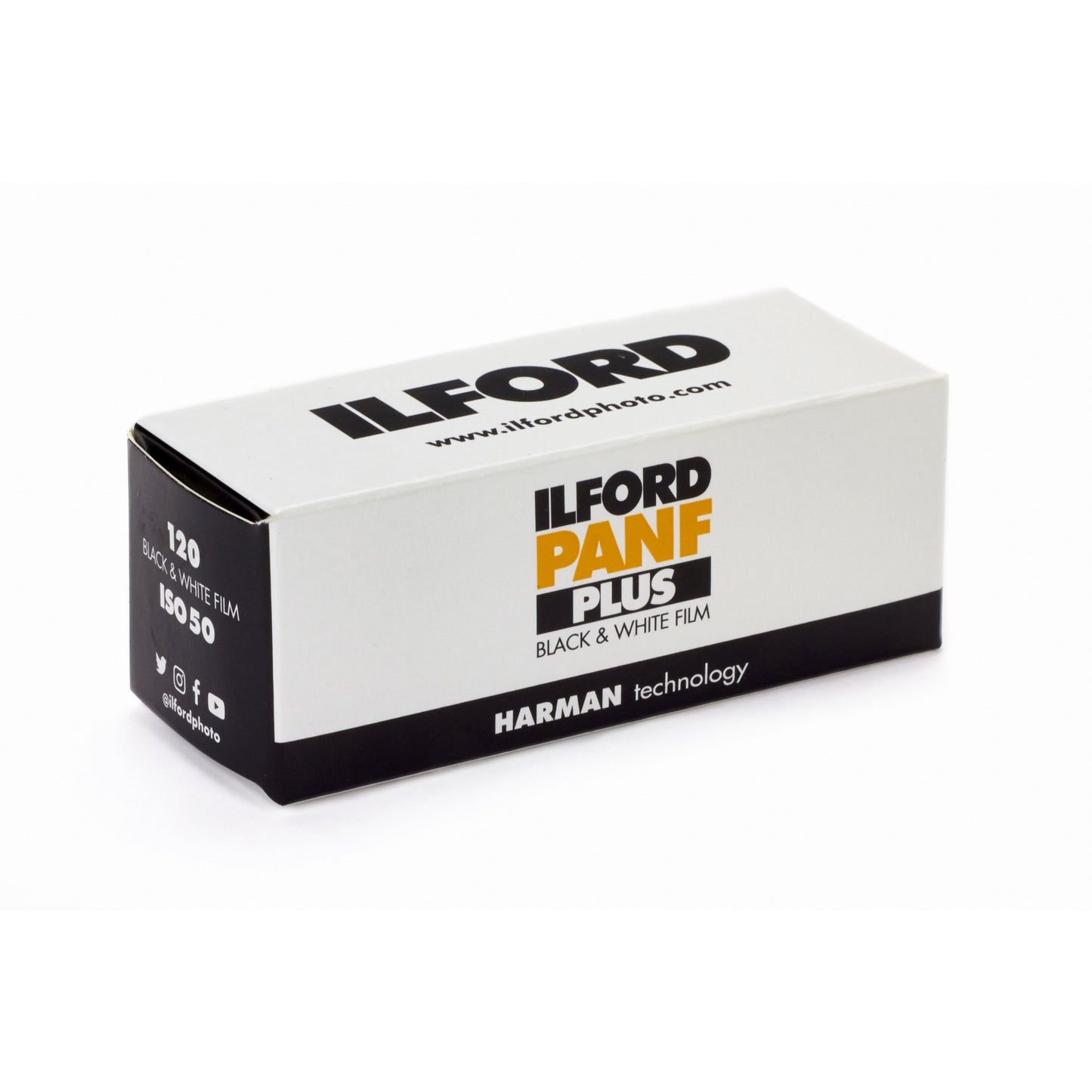 Ilford Pan F Plus black and white film box on a white background