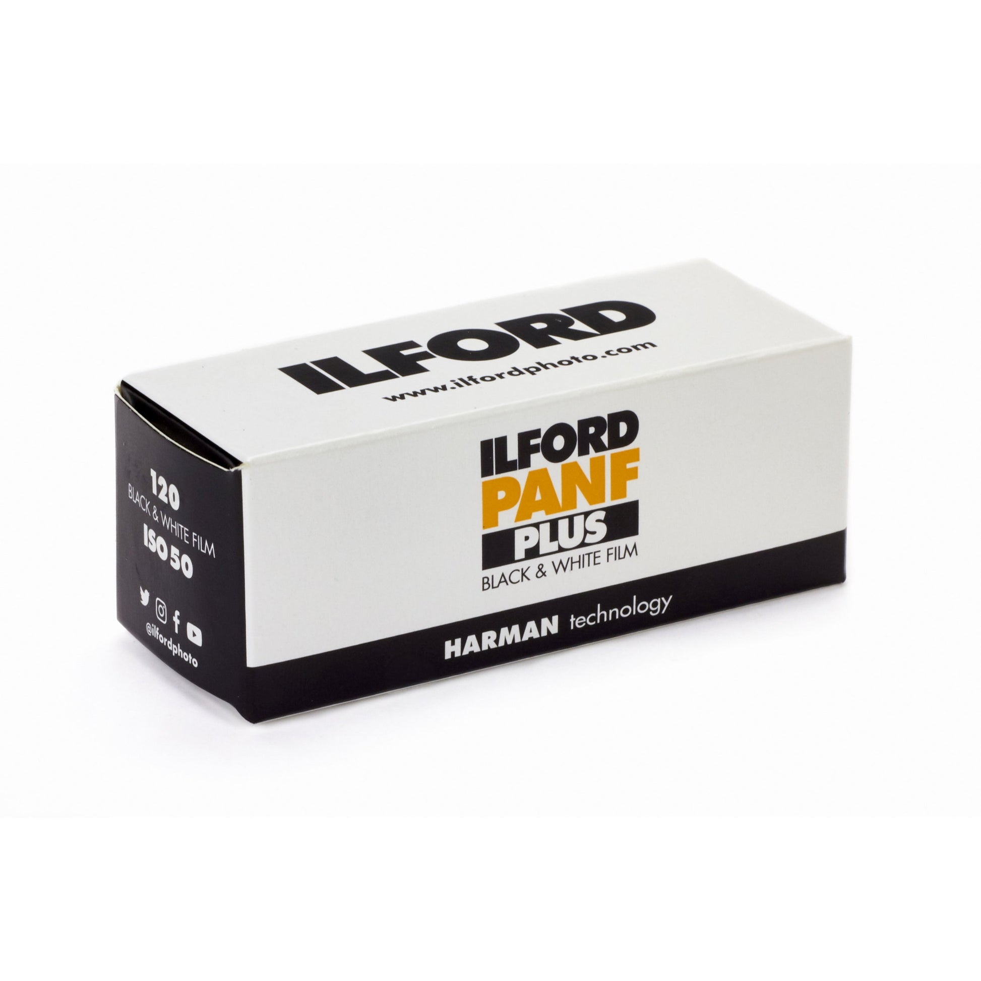Ilford Pan F Plus black and white film box on a white background