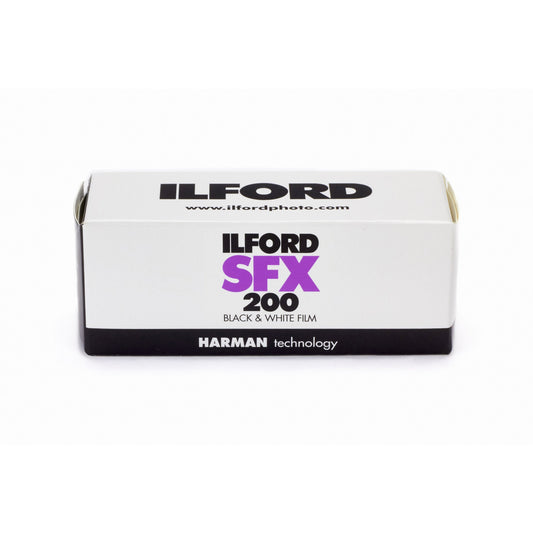 Ilford SFX 200 black and white film box on a white background