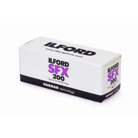 Ilford SFX 200 black and white film box on a white background