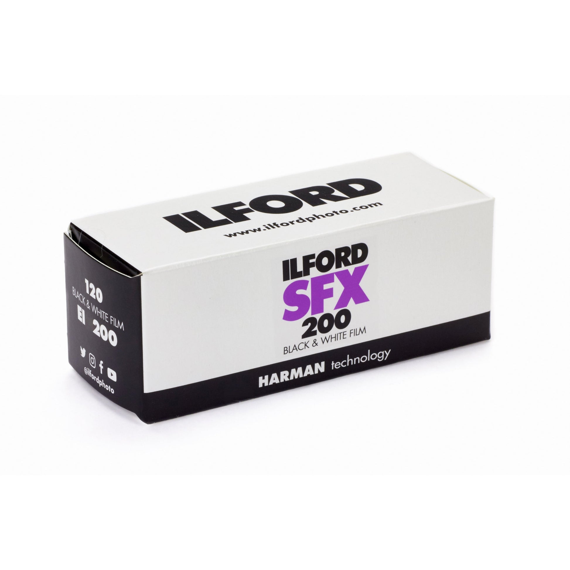 Ilford SFX 200 black and white film box on a white background