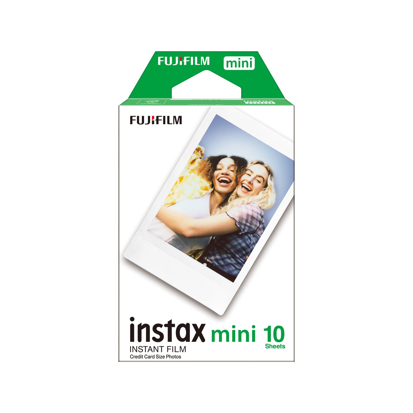 Packaging of Fujifilm Instax mini instant film with a photo of two people on a white background
