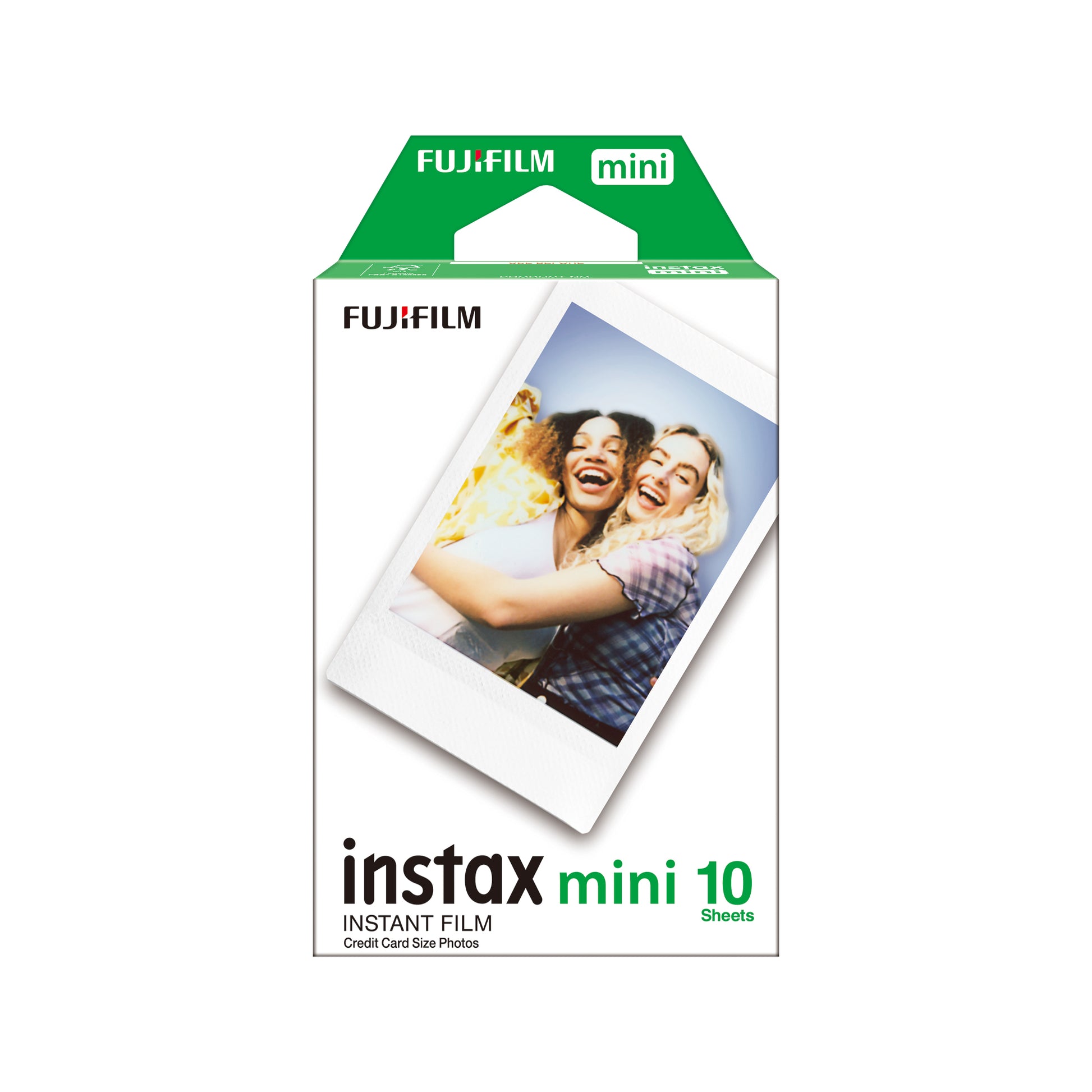 Packaging of Fujifilm Instax mini instant film with a photo of two people on a white background