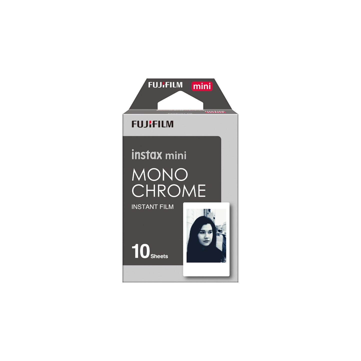 Fujifilm instax mini Mono Chrome instant film packaging on a white background