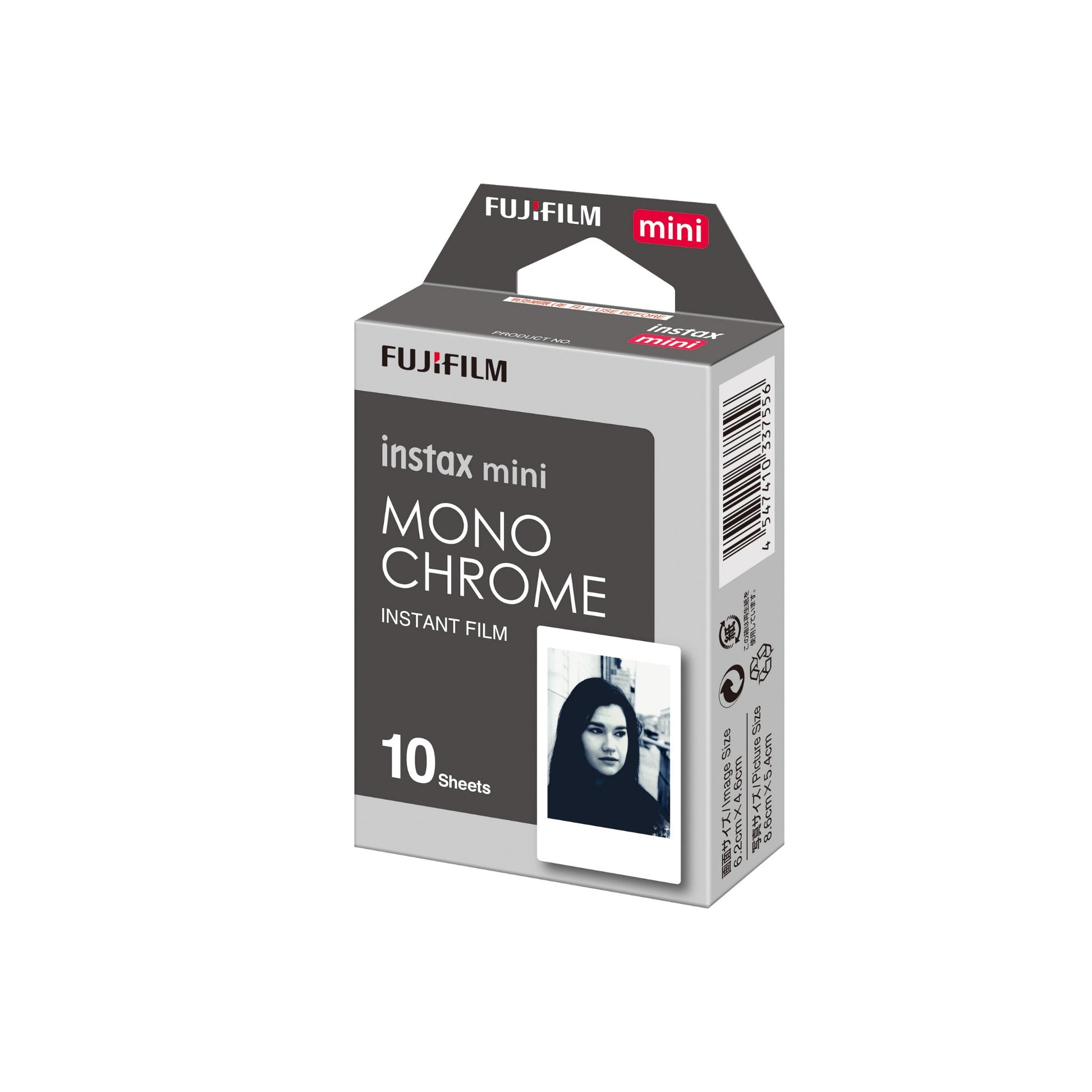 Fujifilm instax mini Mono Chrome instant film packaging on a white background