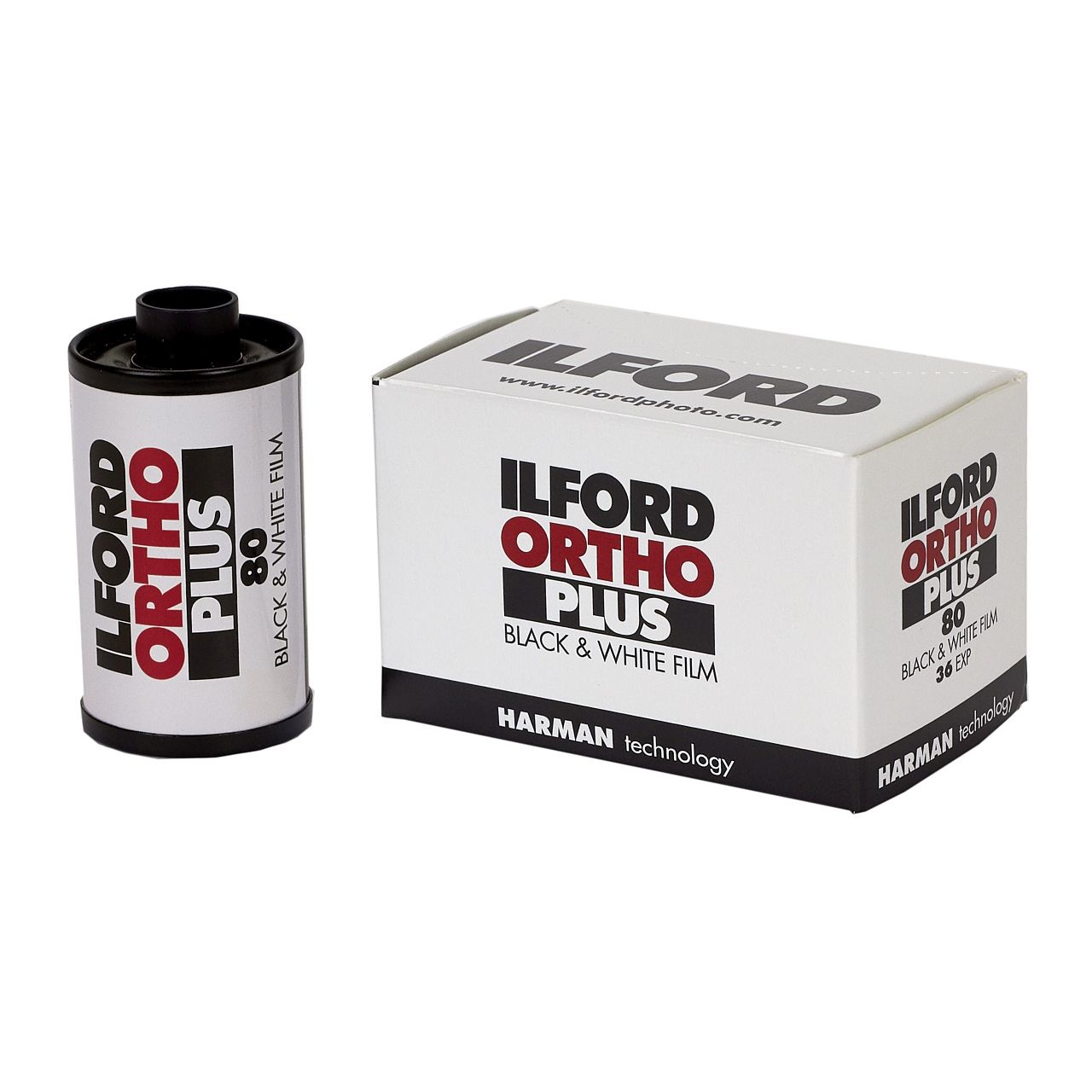 Ilford Ortho Plus black and white film canister and packaging on a white background