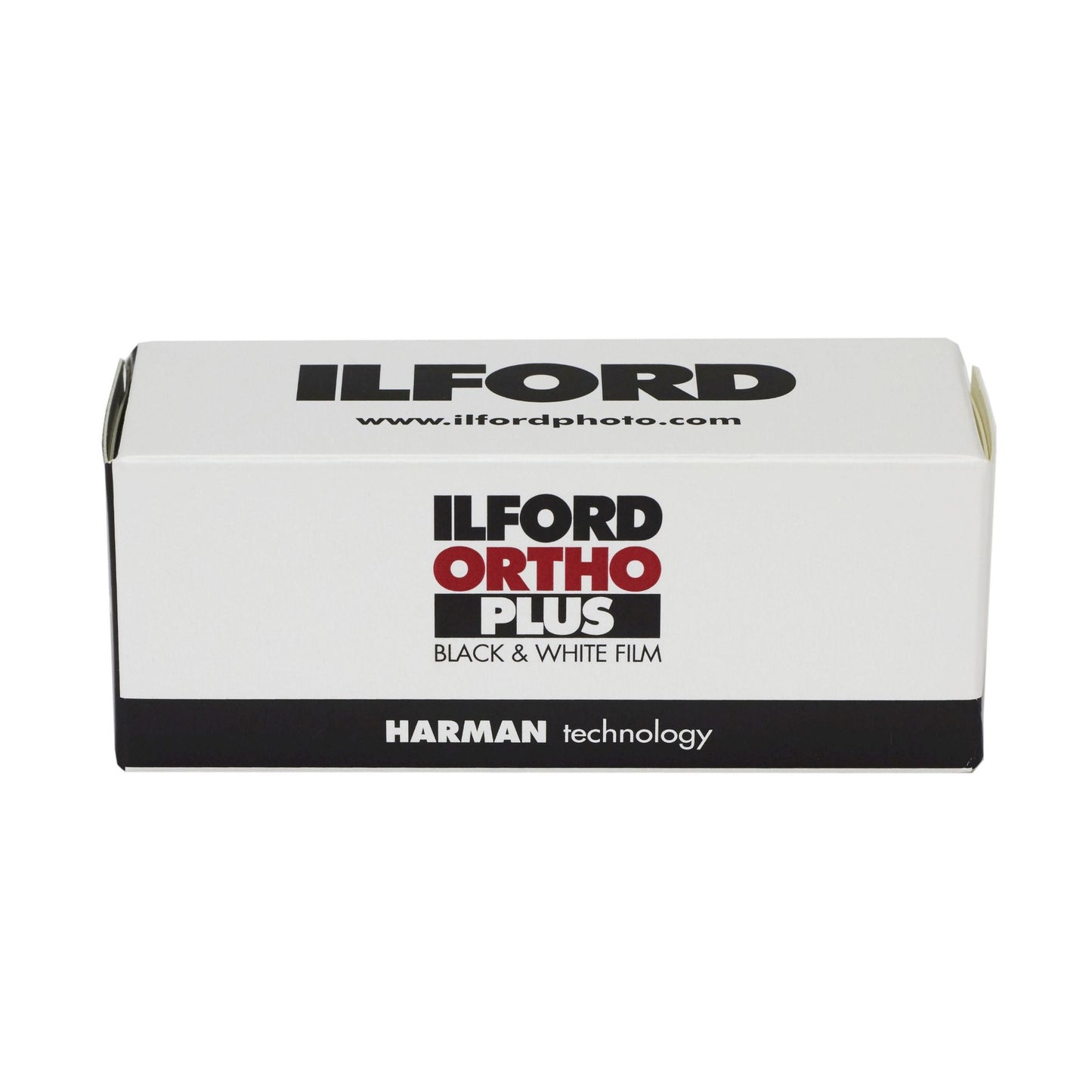 Ilford Ortho Plus black and white film packaging on a white background
