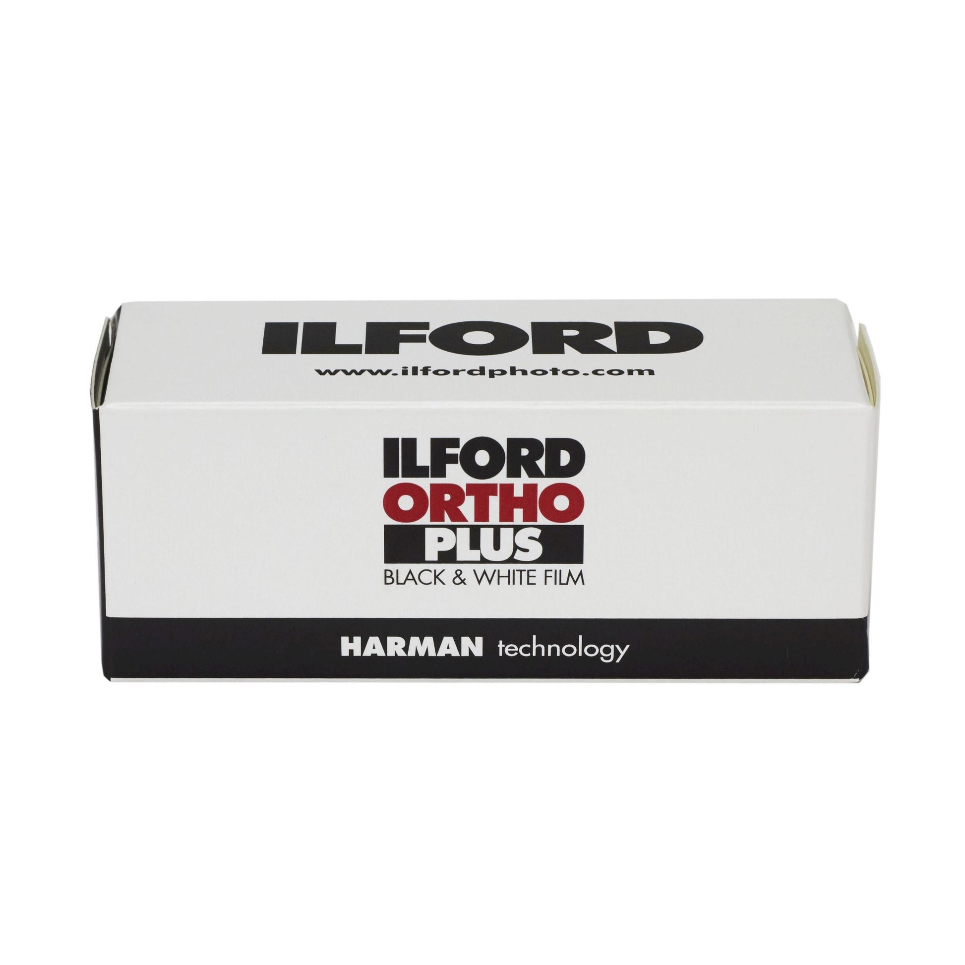 Ilford Ortho Plus black and white film packaging on a white background