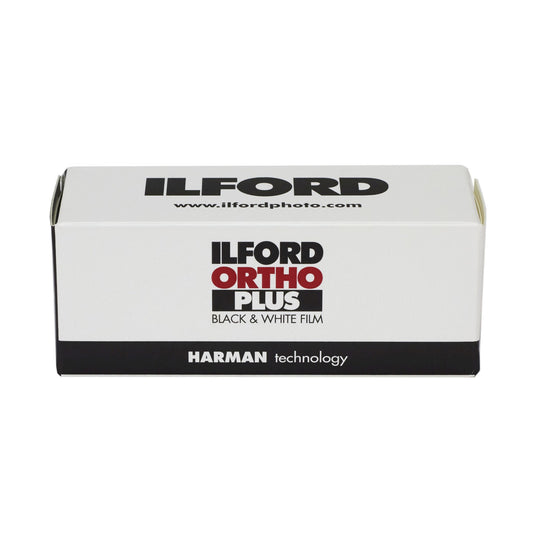 Ilford Ortho Plus black and white film packaging on a white background