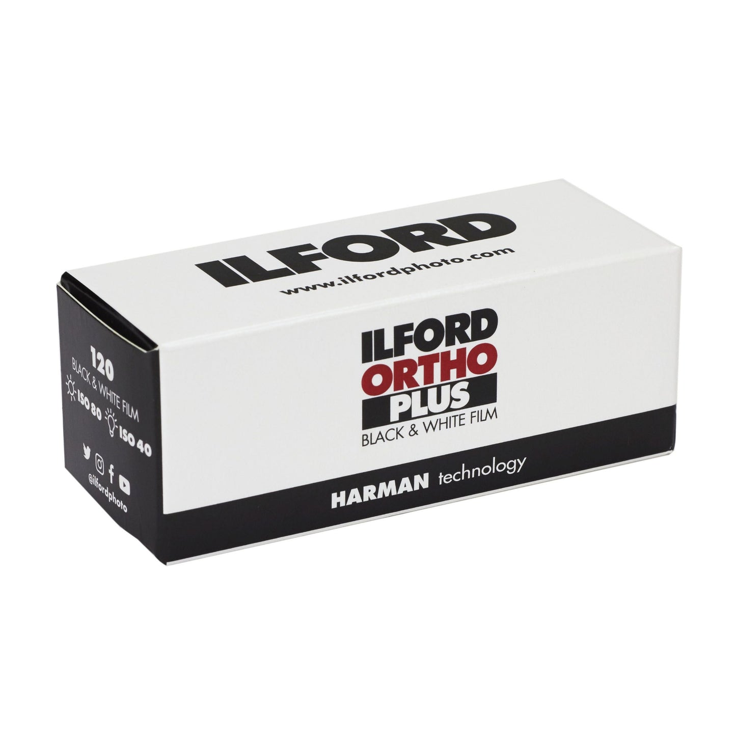 Ilford Ortho Plus black and white film packaging on a white background