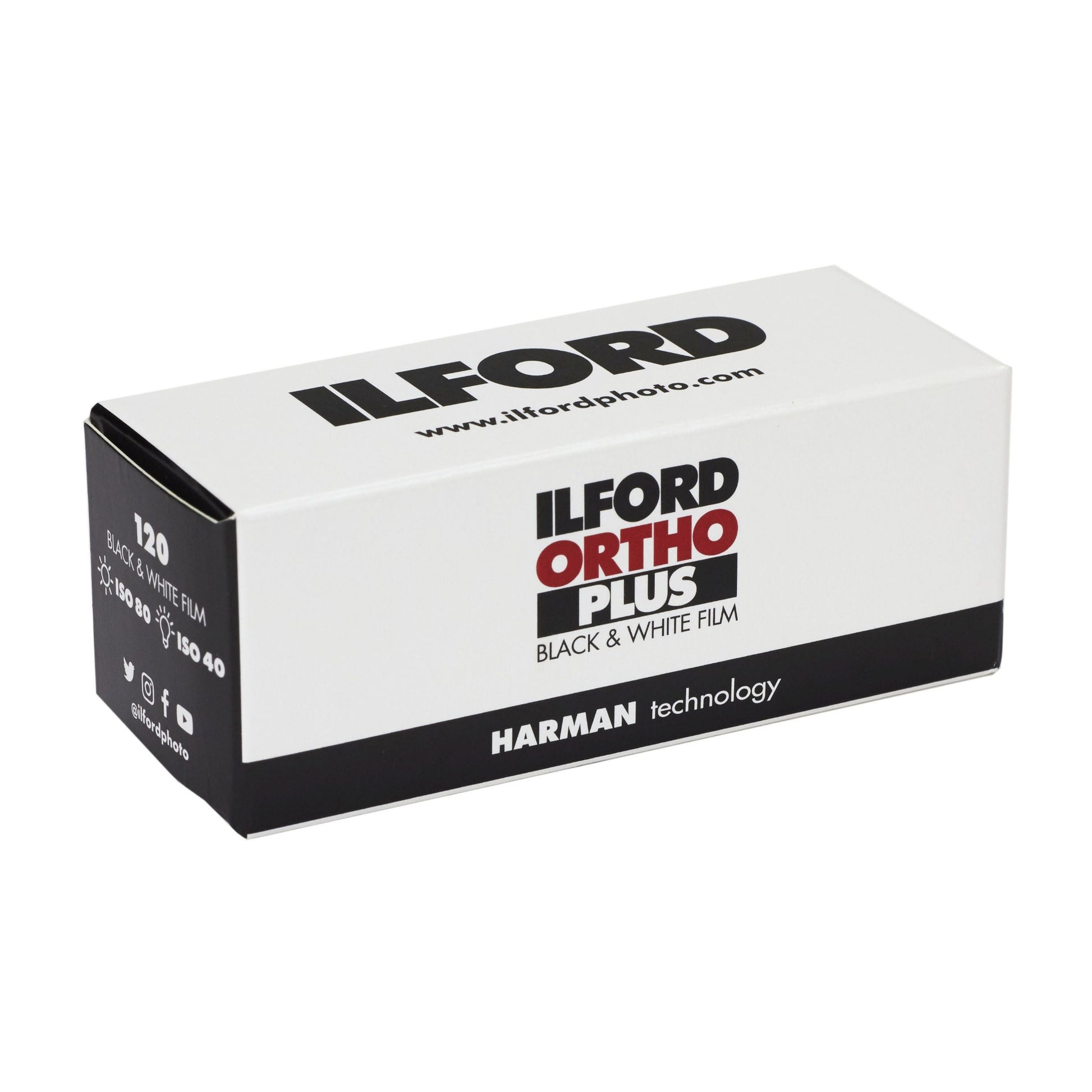 Ilford Ortho Plus black and white film packaging on a white background