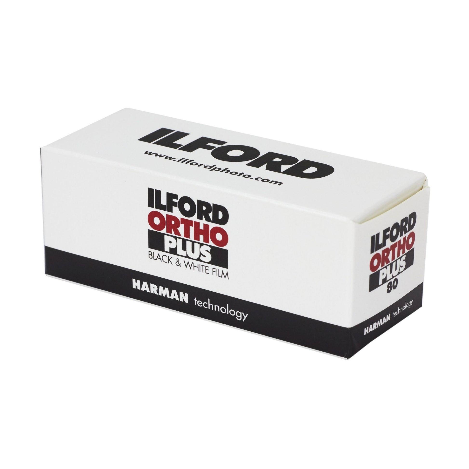 Ilford Ortho Plus black and white film box on a white background