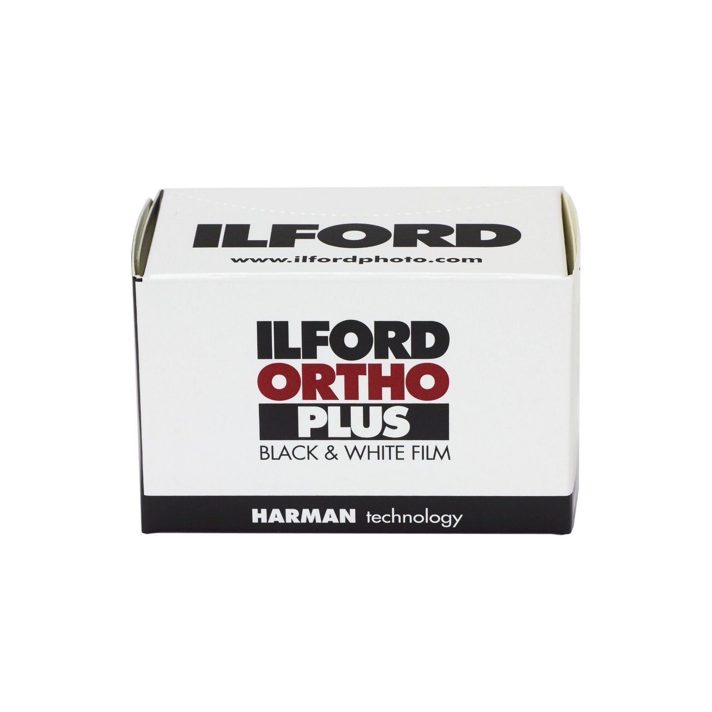 Ilford Ortho Plus black and white film packaging on a white background