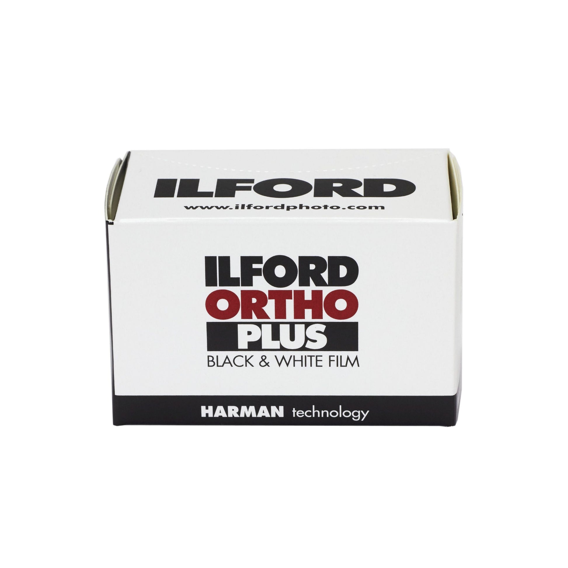 Ilford Ortho Plus black and white film packaging on a white background
