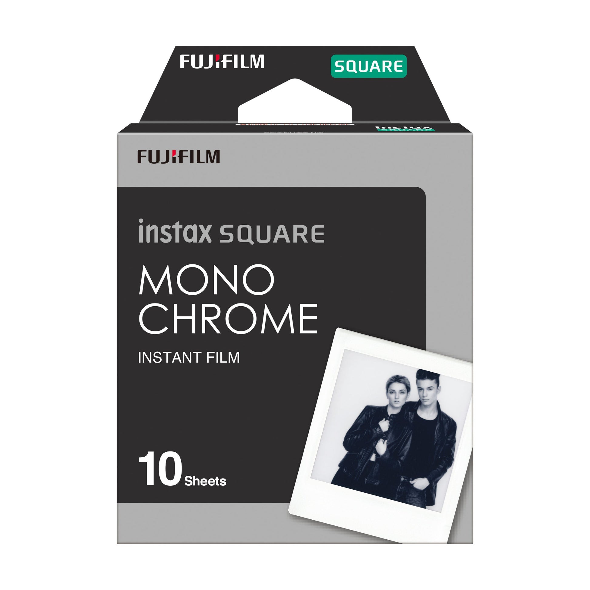 Fujifilm instax Square Mono Chrome instant film packaging on a white background