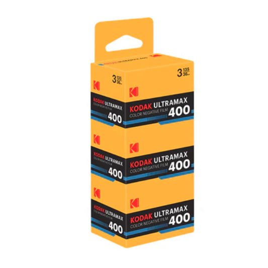 3-pack box of Kodak Ultramax 400 color negative film, shown on a plain white background.